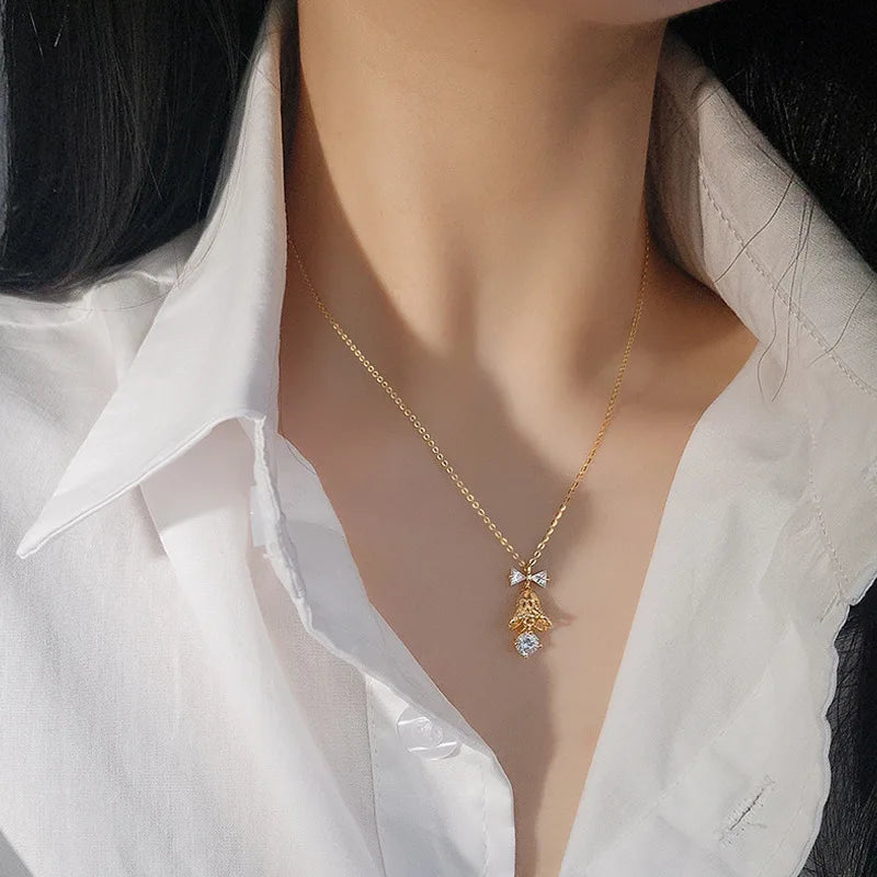 Genuine Moissanite Necklace S925 Sterling Silver Bow Bell Necklace GRA Certified A distinguished Christmas gift for your lover