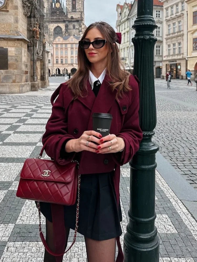 2025 Burgundy Wool Coat Off Women Fashionable Short Double Breasted Lapel Long Sleeve Elegant Autumn Commuting Outerwear Offical
