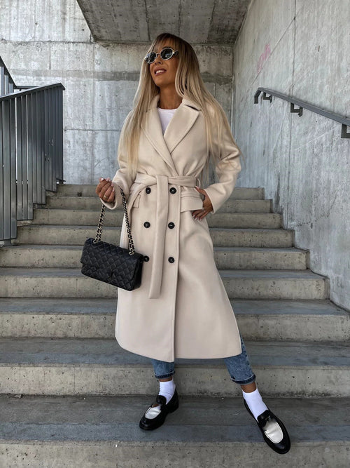 Double-breasted Lapel Split Jacket With Belt Winter Fashion Casual