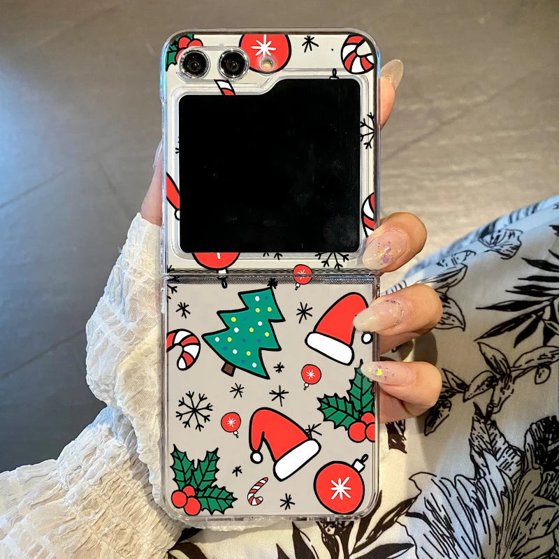 Christmas Tree Cartoon Print Clear Phone Case For Samsung Galaxy Z Flip 7 6 5 4 3 5G Folding Hard PC Cover For Samsung Z Flip5