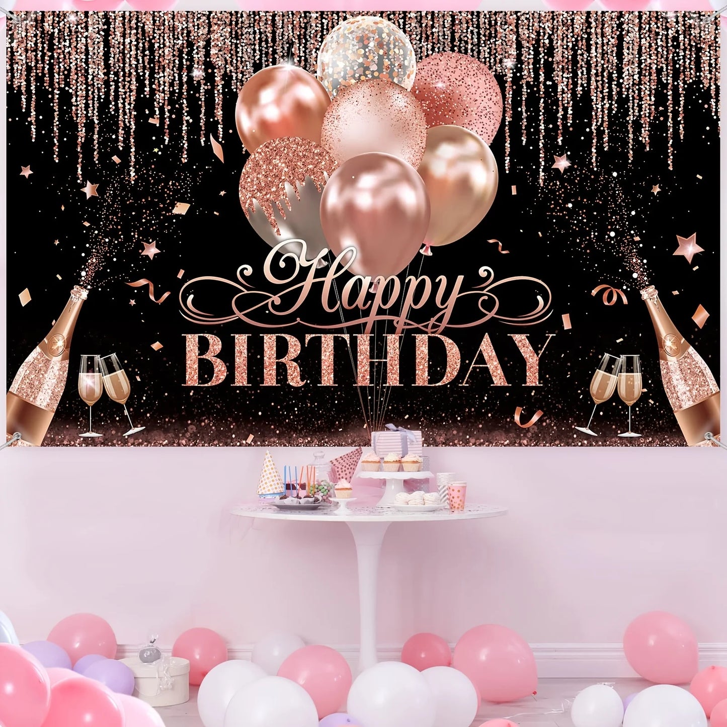Shiny Balloon Glitter Pink Background Cloth Happy Birthday Party Baby Shower Decoration Arrangement Banner Photography Props