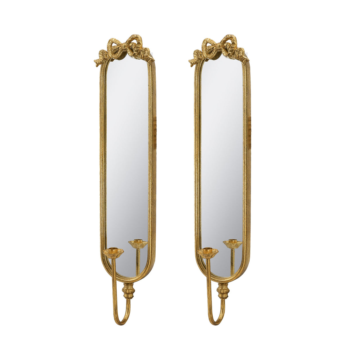Set of 2 Gold Mirrored Wall Sconces with Iron Candle Holders