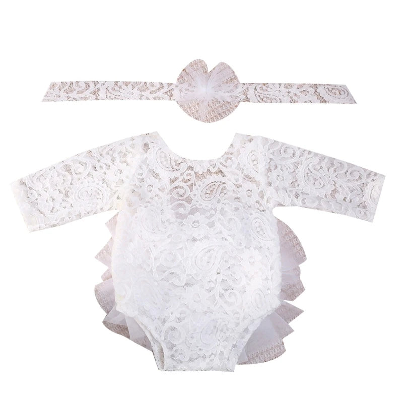 Newborn Toddler Baby Girl Romper Outfit Flower Lace Longsleeve Princess Romper Jumpsuits Tutu Dress Summer Fall Clothes Photo