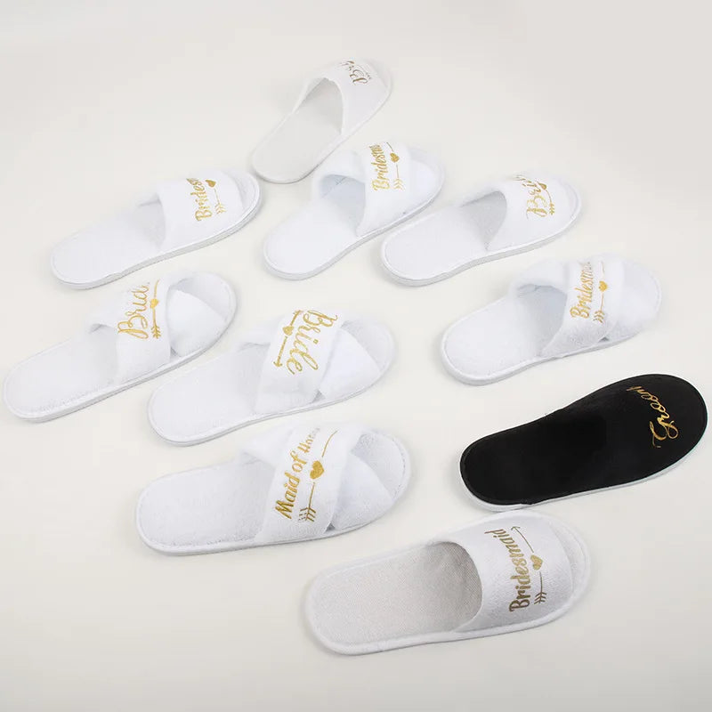 Wedding Party Guests Home Slip-on Letter Print Shoes, For Bride And Bachelorettes Bridal Party Cross Strap Disposable Slippers