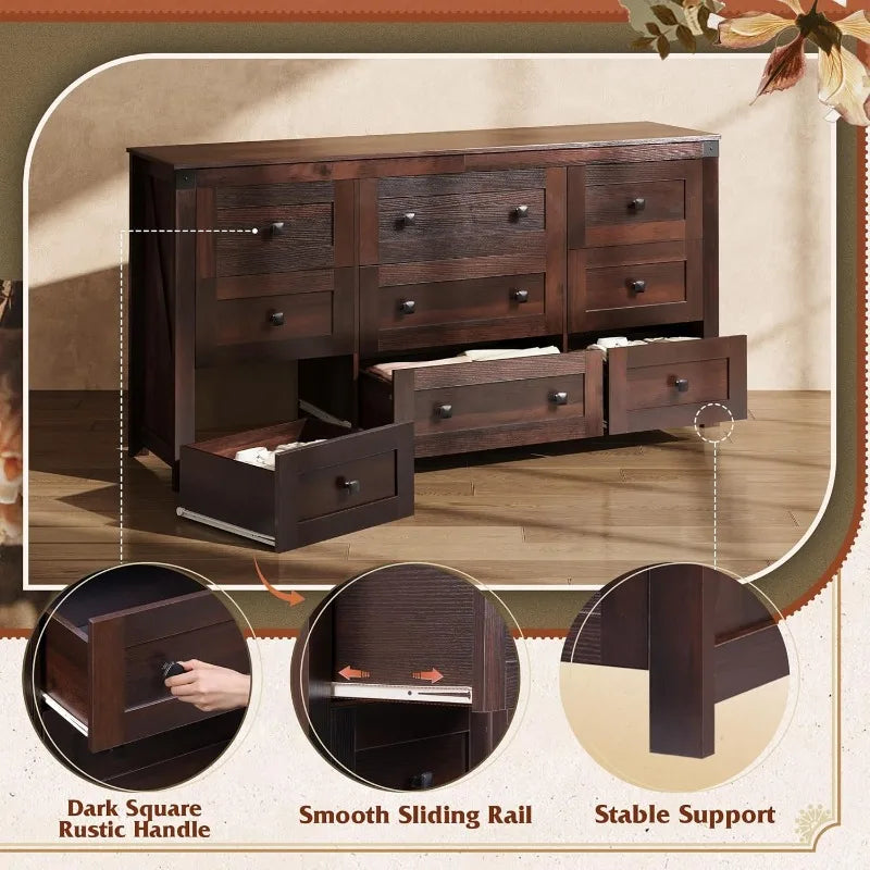 WLIVE Farmhouse Dresser  Bedroom,63" Wide 9Drawer Dresser Storage Organizer,Wood Chest of Drawers,TV Stand for 70 inch TV(Brown)