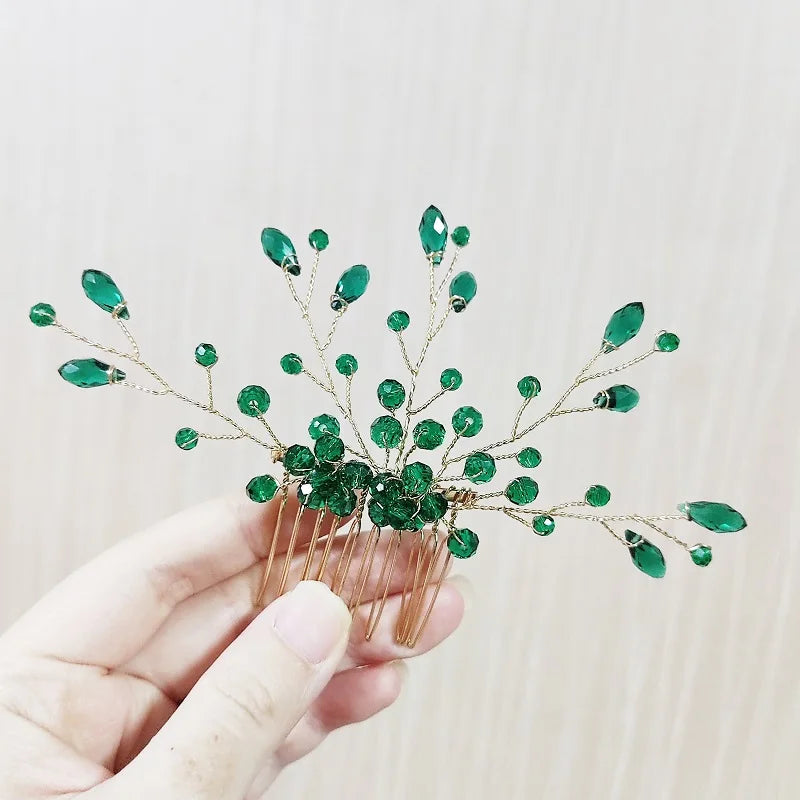 Green Color Rhinestone Hair Combs Bridal Hair Jewelry Leaf Hairpins Pearls Hairpins Bride Wedding Headdress Headband