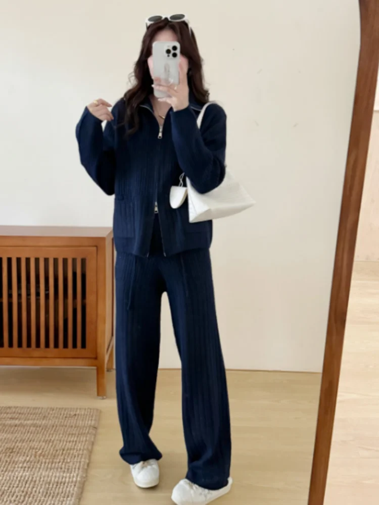 SMTHMA 2025 New Autumn Winter Zipper Turndown Collar Soft Knitted Sweater Two-Piece Set Casual Long Pants 2 Piece Outfits