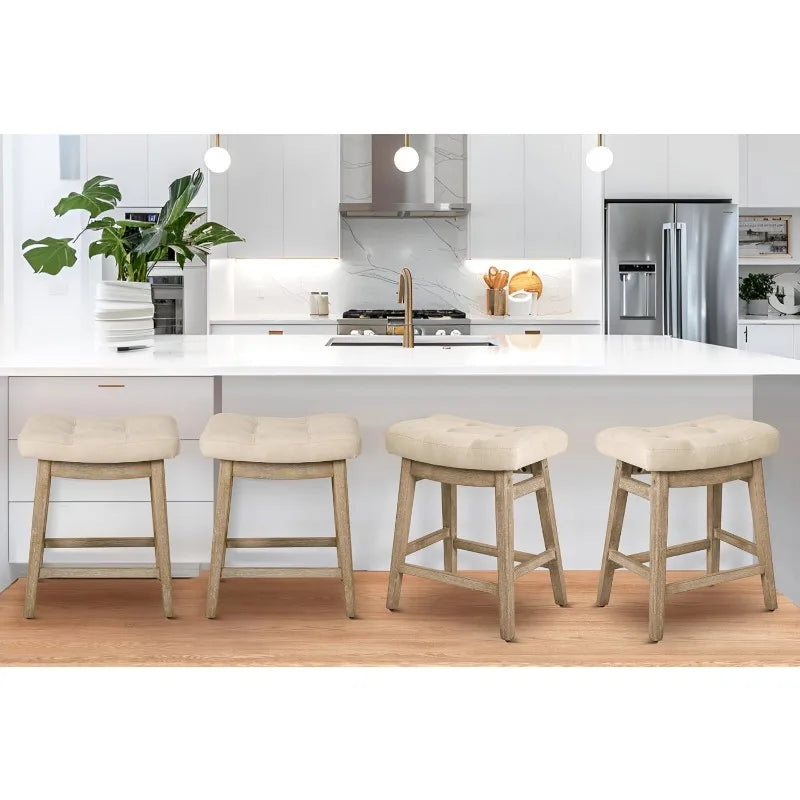 Counter Height Bar Stools Set of 3 for  Counter Farmhouse Modern Barstools Upholstered Fabric Backless Seat Khaki + Wood Color
