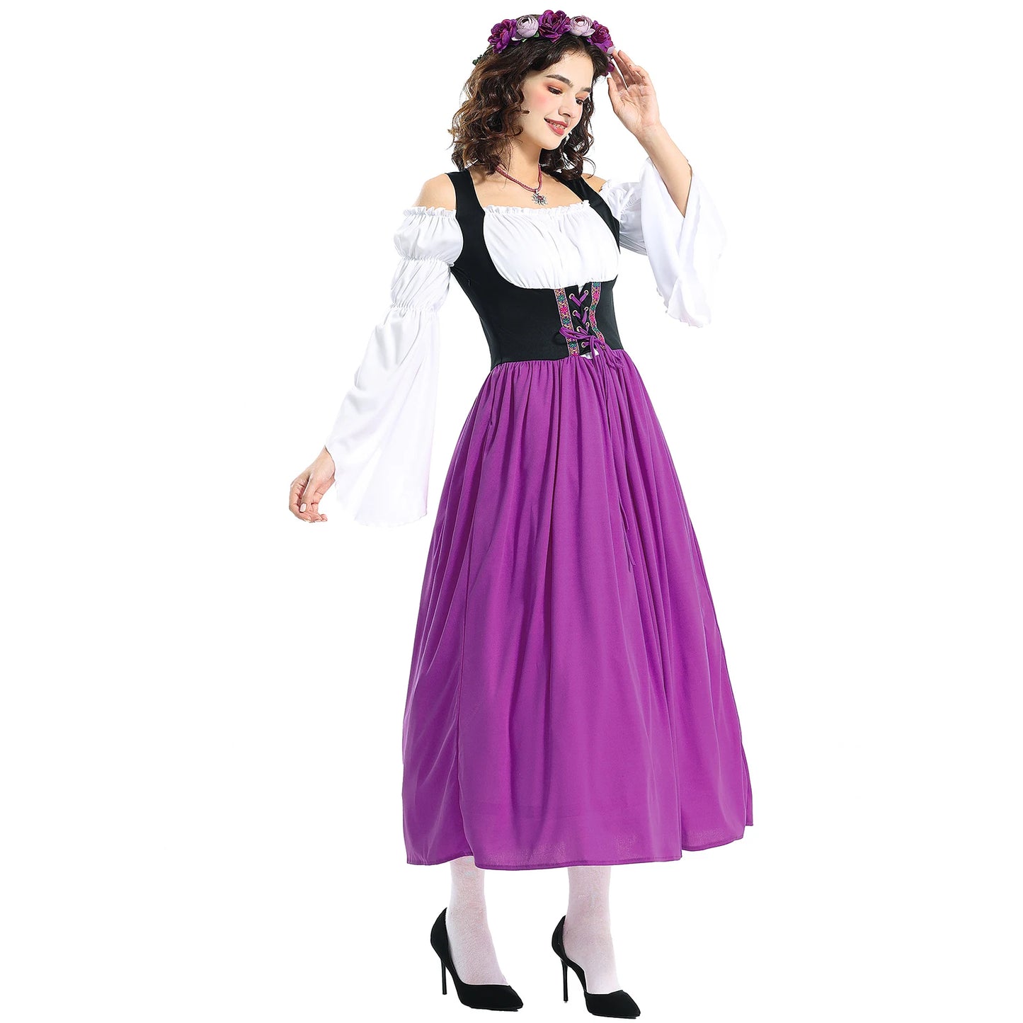 Vintage Halloween Women Maid Outfit Long Sleeve Cold Shoulder Patchwork Long Dress with Hair Scarf Cosplay Costume