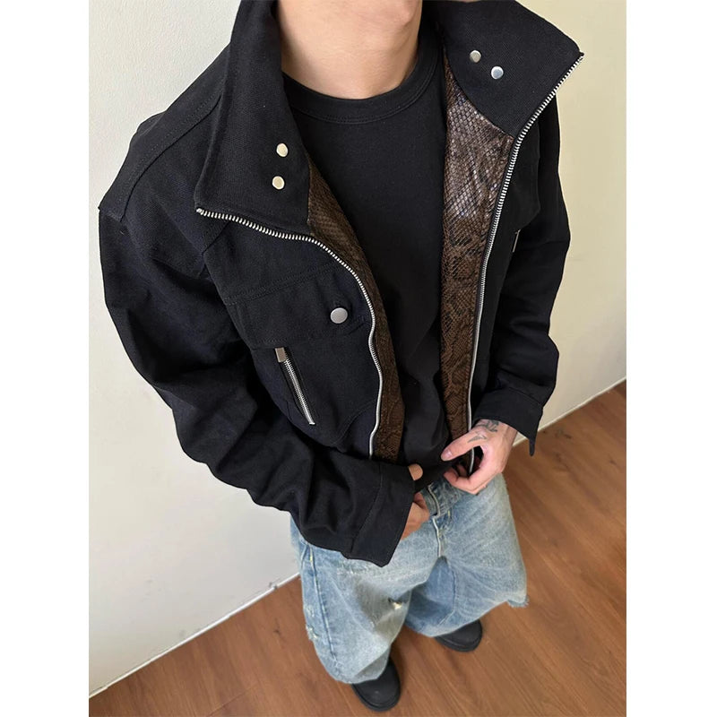 Bla Workwear Jaet Men's Sle Spring Autumn High-End Motorcycle Pilot Coat Stand Collar Snake Pattern Cotton Long Sve