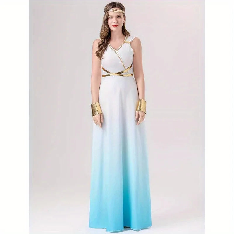 Costumes accessories Halloween costume blue and white gradient dress Greek goddess dress cosplay dance party performance costume