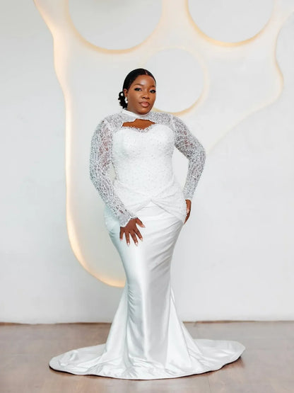 Luxury White Mermaid Bridal Dress Long Lace Beaded Sleeves High Neck Pearl African Wedding Dress Vestido De Novia Customized