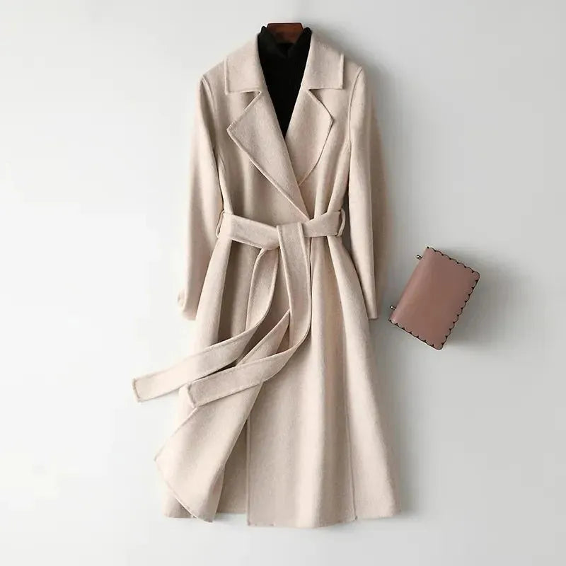 New Fashion Faux Woolen Coat Women Autumn Casual Solid Color Elegant Long Belt Wool Jacket Female Slim Overcoat Clothes B1384