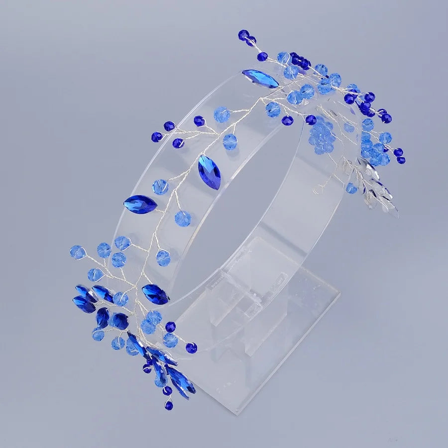 New Wedding Hair Accessories blue Crystal Pearl Hair Belt Wedding Bridal Hairband Hair Ornament Hair Jewelry Bride Headdress Hea