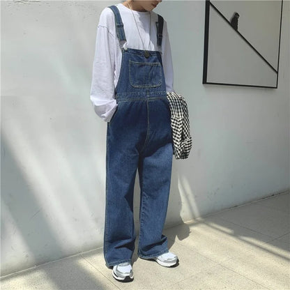 Men Denim Overalls Retro Japanese Style Loose Fit Straight Leg Adjustable Suspenders Casual Streetwear Pants for Everyday Wear