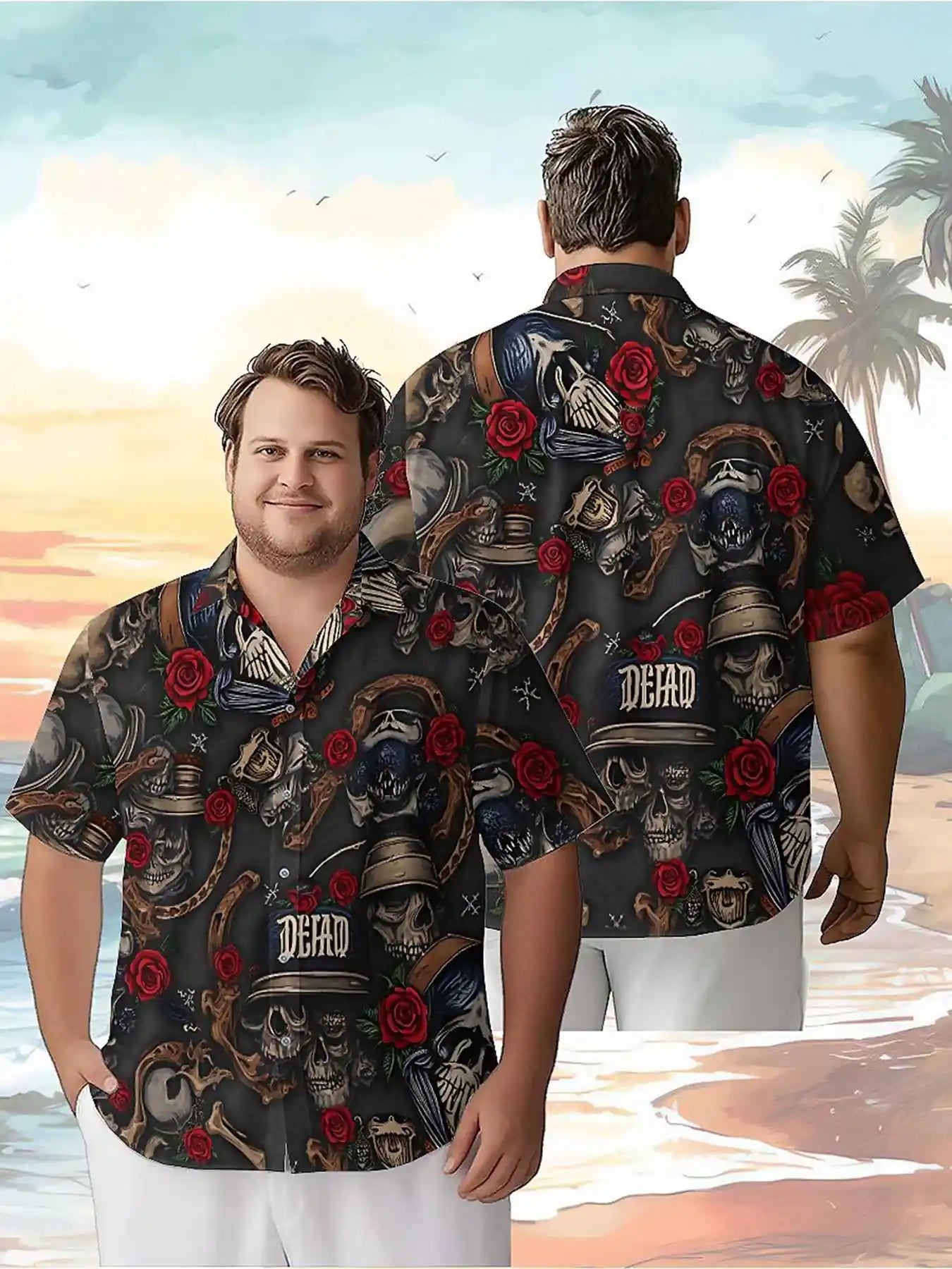 Men's Plus Size Hawaiian Shirts Skull and Rose Dark Style pattern,New in Summer Fashion Tops,Hip Hop Rock Streetwear