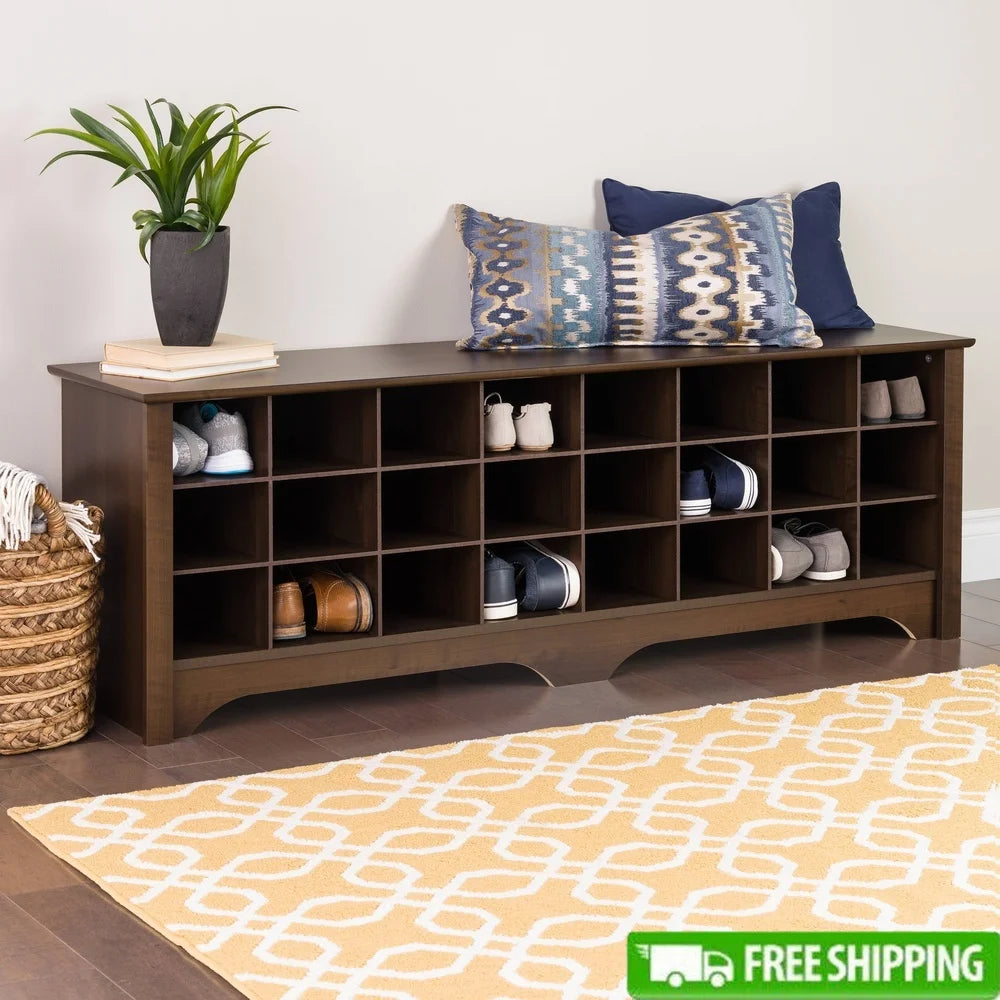 Espresso Entryway Shoe Storage Bench with 24 Cubbies Comfortable Seating Compact Organizer Indoor Use Easy Assembly