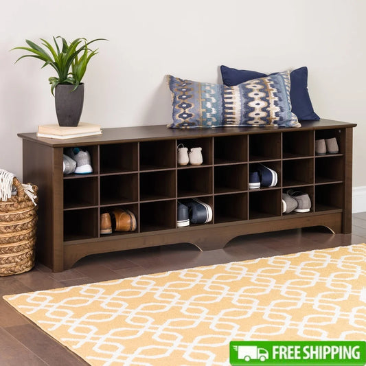 Espresso Entryway Shoe Storage Bench with 24 Cubbies Comfortable Seating Compact Organizer Indoor Use Easy Assembly