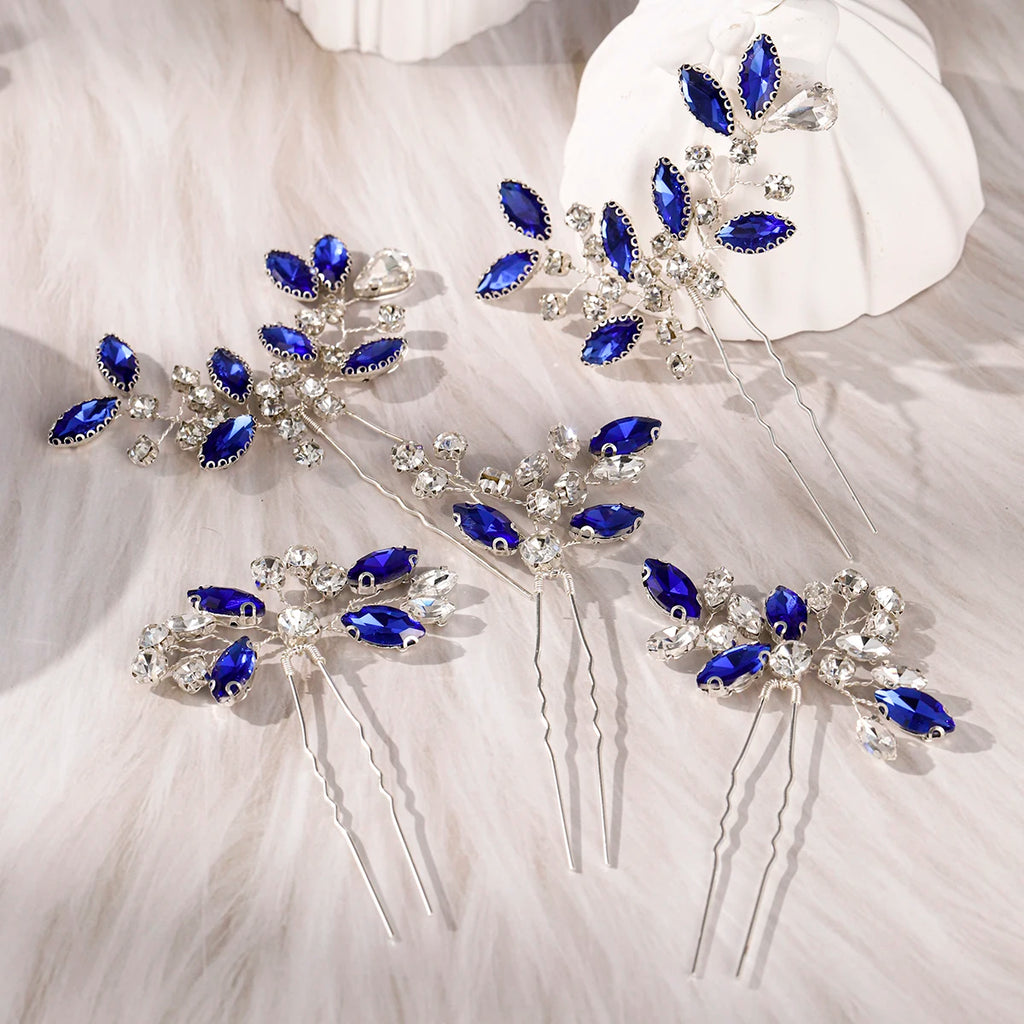 Blue Crystal Bride Elegant Hair Pins Fashion Leaves Rhinestones Hair Clips Headwear For Women Party Jewelry Hair Accessories