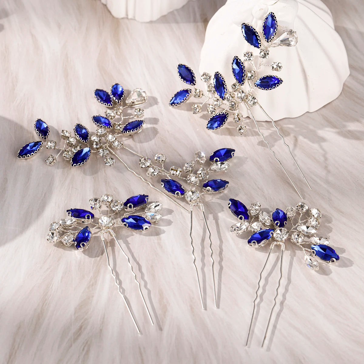 Blue Crystal Bride Elegant Hair Pins Fashion Leaves Rhinestones Hair Clips Headwear For Women Party Jewelry Hair Accessories