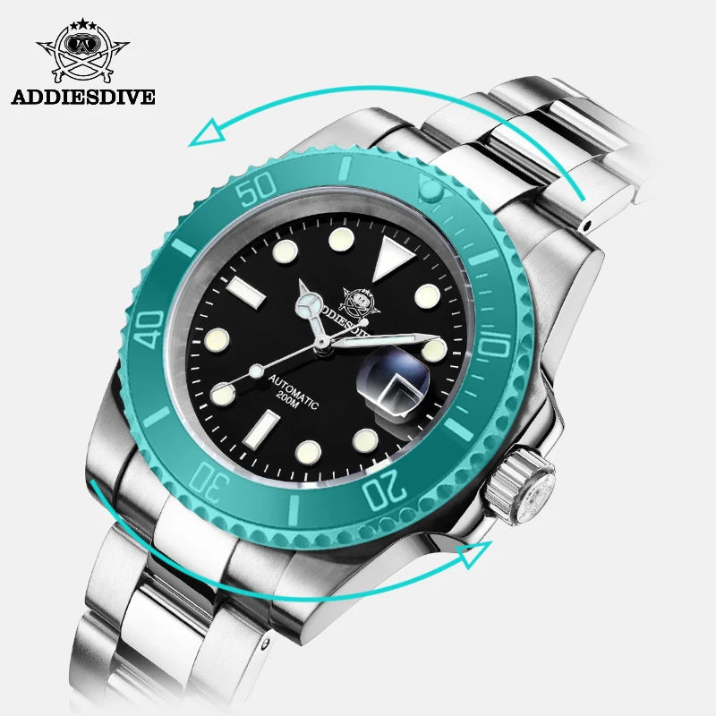 ADDIESDIVE NH35A Movement Automatic Watch Luminous 200m Diver Ceramic Bezel Sapphire Crystal 316L Steel Watch For Man Gift Clock