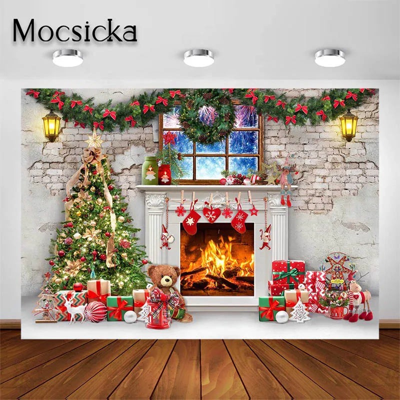 Mocsicka Photography Background for Portrait Brick Wall Fireplace Indoor Christmas Gifts Backdrop Photo Studio Decorations Props