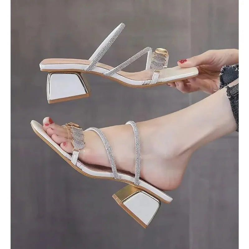 2025 New Women's Fashionable Rhinestone High-heeled Sandals Summer Women's Sexy Sandals Women's Leather Sandals Plus Size