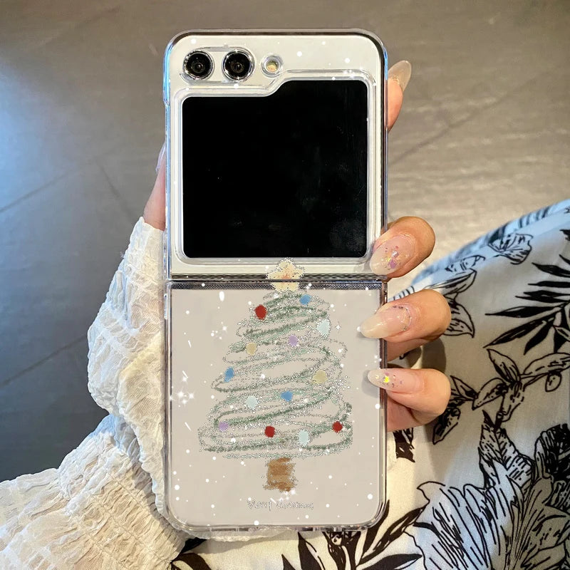 Christmas Tree Cartoon Print Clear Phone Case For Samsung Galaxy Z Flip 7 6 5 4 3 5G Folding Hard PC Cover For Samsung Z Flip5