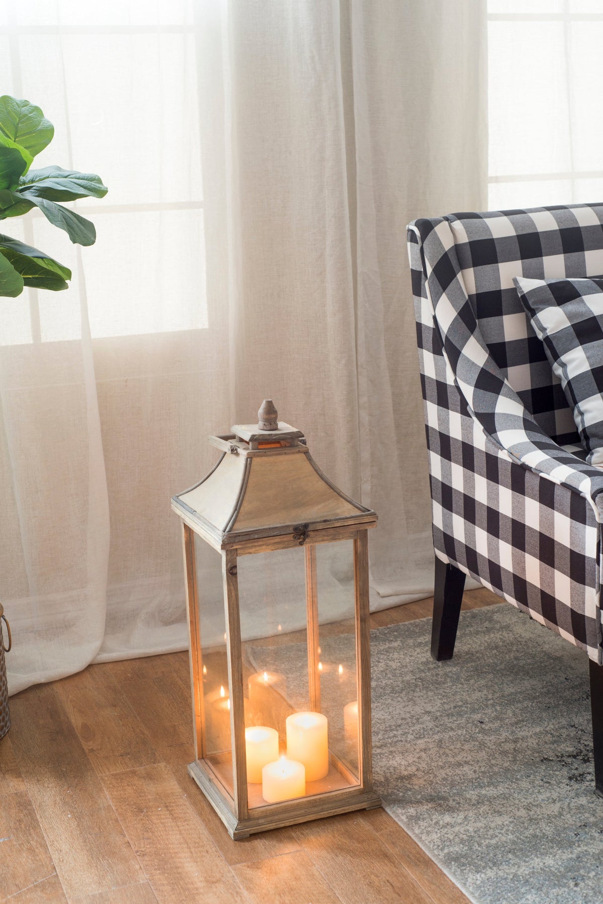 Set of 2 Ivory Wood & Glass Candle Lanterns