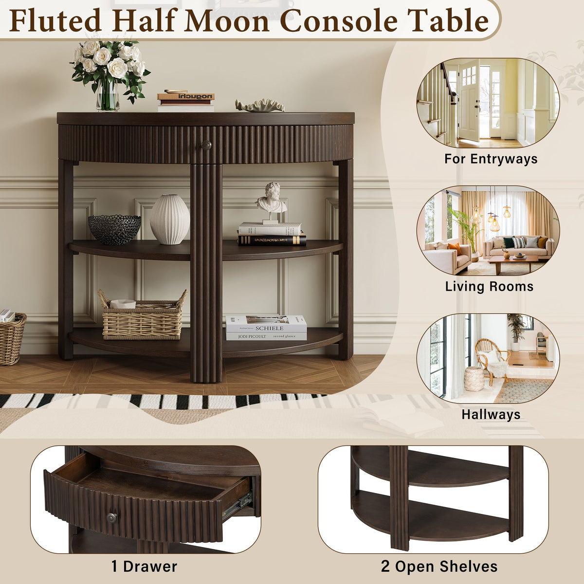 Fluted Half Moon Console Table with Drawer and 2 Shelves for Entryway,
