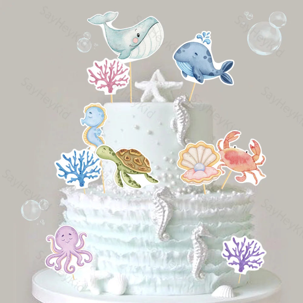 Ocean Cake Decorations Under the Sea Mermaid Cake Toppers Shell Coral Paper Cupcake Topper DIY Birthday Marine Party Cake Suppli