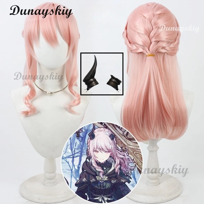 Akiyama Mizuki MZK 2 Game PJSK Amia Coaplay Pink Curly Wig Braid Hair Black Horn Prop Cute Girl Women Halloween Cos Customized