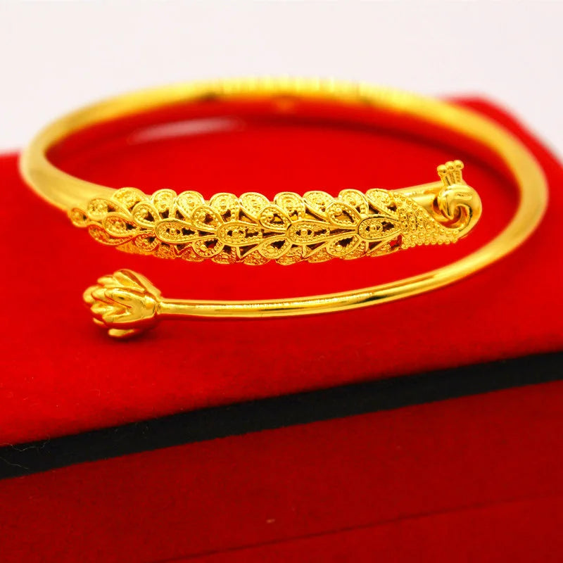 New Style Imitation Gold Bracelet Female Elegant Golden Bride Wedding Decoration Personalized Embossed Peacock Lotus Bracelet