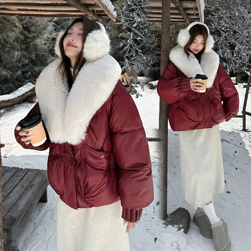 Winter Women Down Cotton Coat Street Imitation Fur Collar Hooded Short Cotton Padded Jacket Female Basic Snow Warm Overcoat 2025