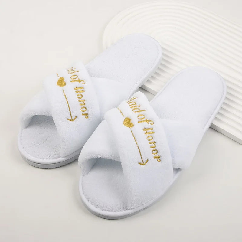 Wedding Party Guests Home Slip-on Letter Print Shoes, For Bride And Bachelorettes Bridal Party Cross Strap Disposable Slippers