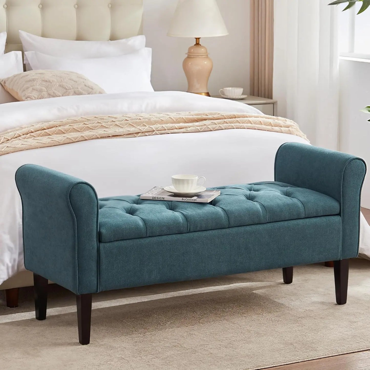 50.4" Arm Storage Bench with 7.5-inch Solid Wood Legs, Button-Tufted Storage Ottoman, Upholstered Window