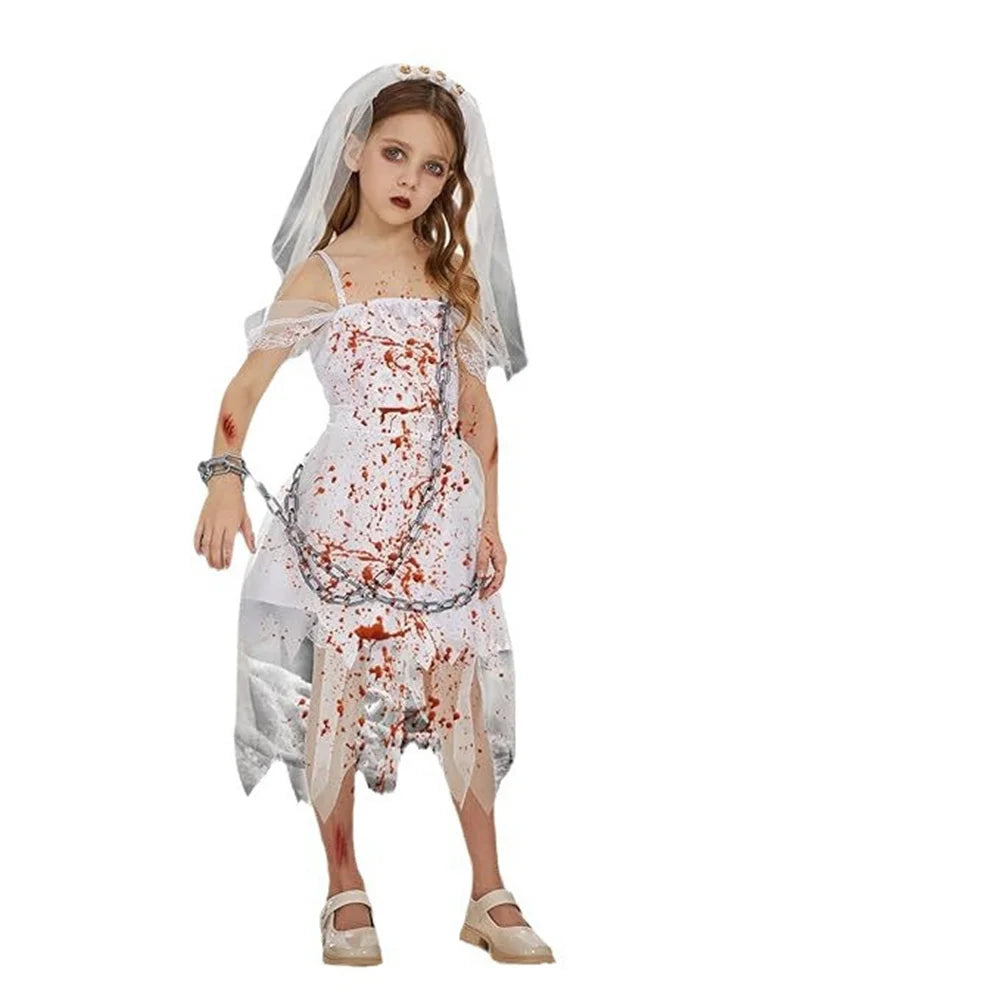 2025 Girls Halloween Party Ghost Bride Witch Ghost Dress Carnival Queen Performance Costume, Includes Headpiece and Skirt