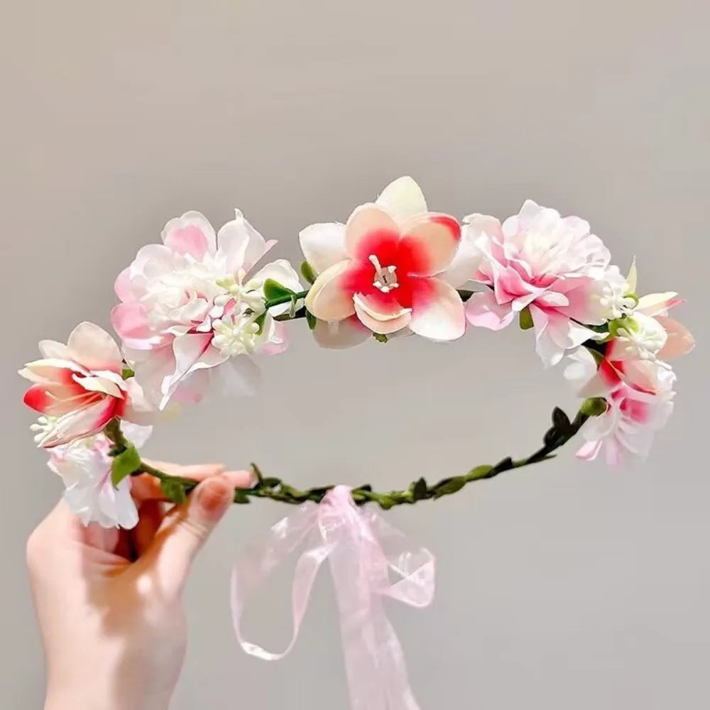 Fascinating Y2k Artificial Flower Fairy Flower Crown with Ribbon Headpiece Flower Headbands Bride Wedding Braided Wreath Women