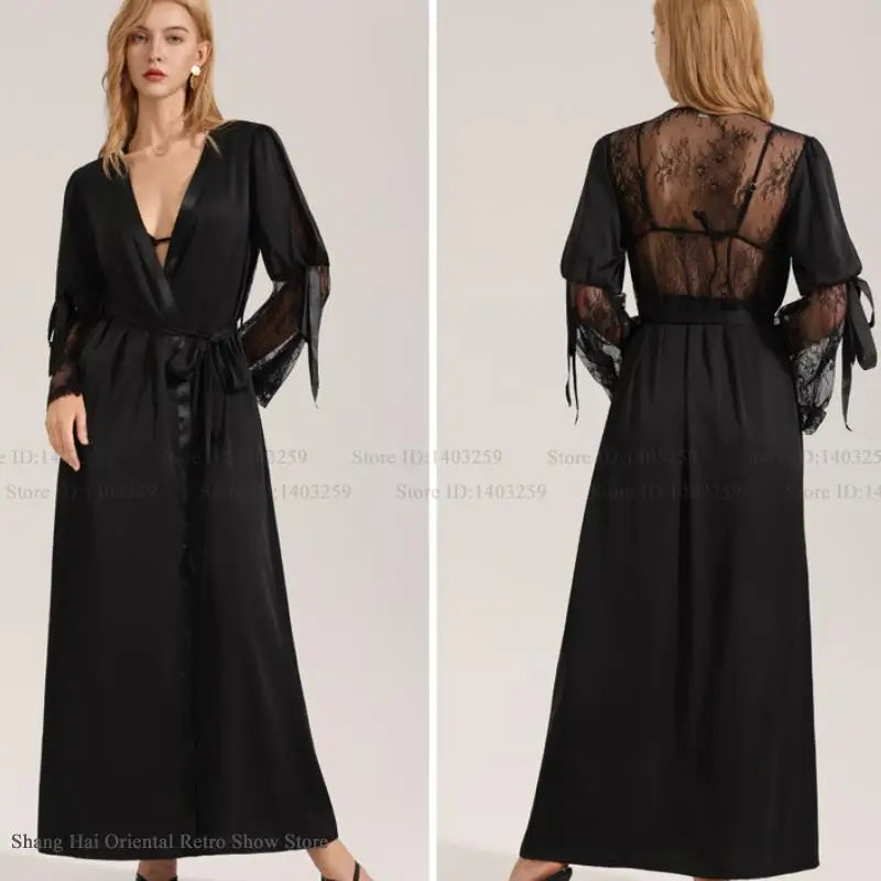 Fashion Sexy Long Robe Women Sleepwear Home Dressing Gown Patchwork Perspective Lace Lingerie Negligee Loose Bathrobe Loungewear