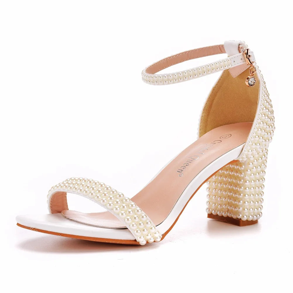 2025 New Women's White Pearl Wedding High Heel Sandals Elegant Footwear for Brides