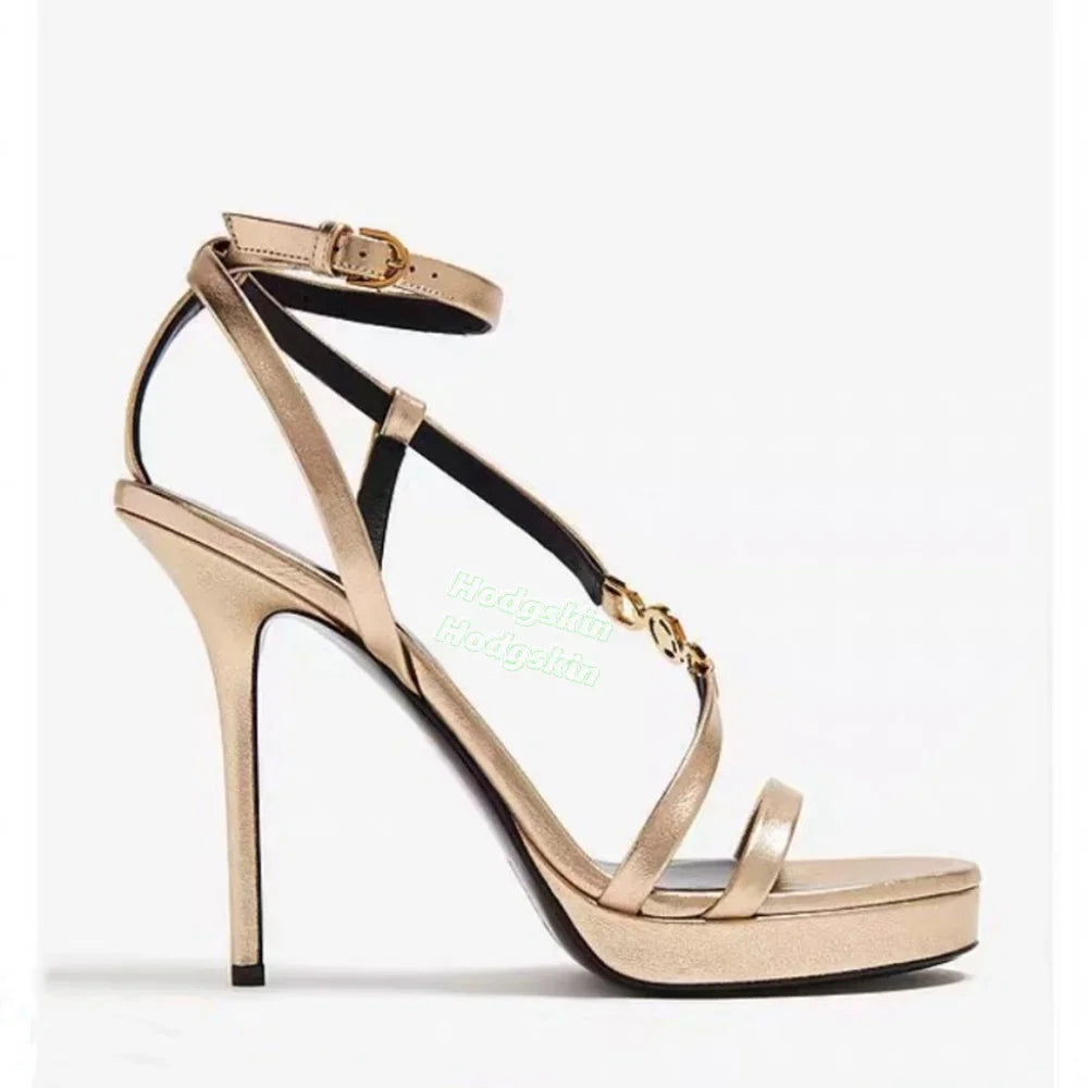 Blue Suede Metal Buckle Women Sandals Platform Round Open Toe Ankle Strap Buckle Thin High Heels Slingback Women Stilettos