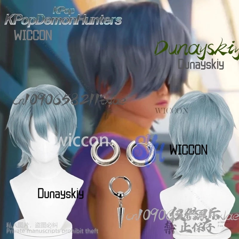 Huntrix KPop Demon Hunters Saja Boy Cosplay Mystery Purple-gray Wigs Curling Hair Accessories Synthetic Short Hair Halloween