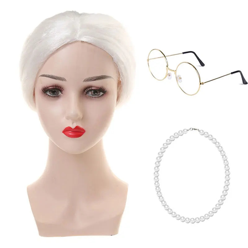 Granny Wig Cos Halloween Granny Curly Hair Charterer Stage Show Wig Cover Props