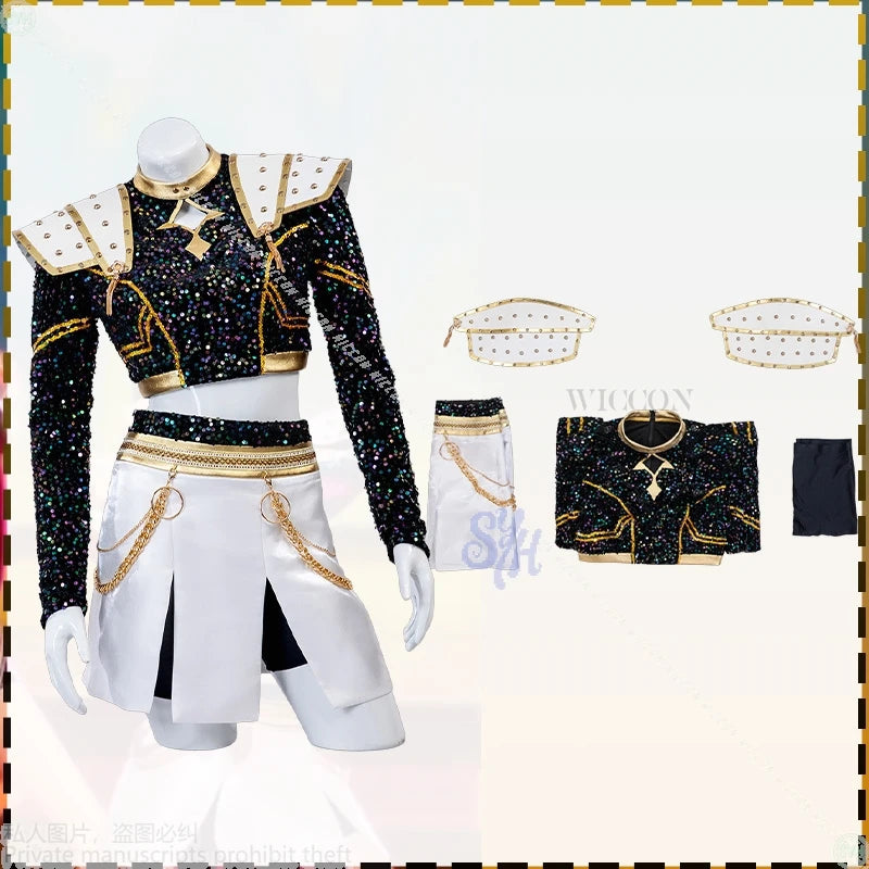 Huntrix Zoey Kpop Demon Cosplay Anime For GOLDEN Stage Uniform Black Coat White Mini Dress Kawaii Jirai Kei Girls Korea Idol Cos