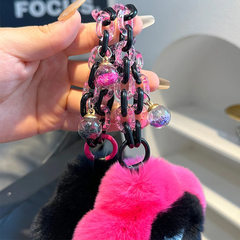 Rex Rabbit Fur Keychain Cute Plush Flower Keychain Car Bag Charms Keyring Pendant Accessories Keychain On The Phone Car Key Ring