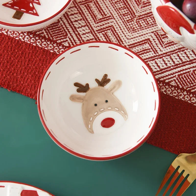 Home Tableware Christmas Gift Ceramic Santa Claus Bowl Creative Embossed Fruit Salad Bowl Western Salad Bowls