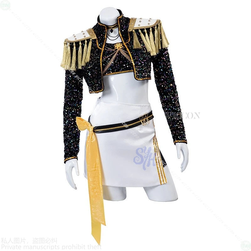 Anime Kpop Demon Cosplay Huntrix Mira For GOLDEN Stage Uniform Black Coat White Mini Dress Kawaii Jirai Kei Girls Korea Idol Cos