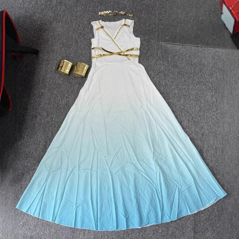 Costumes accessories Halloween costume blue and white gradient dress Greek goddess dress cosplay dance party performance costume