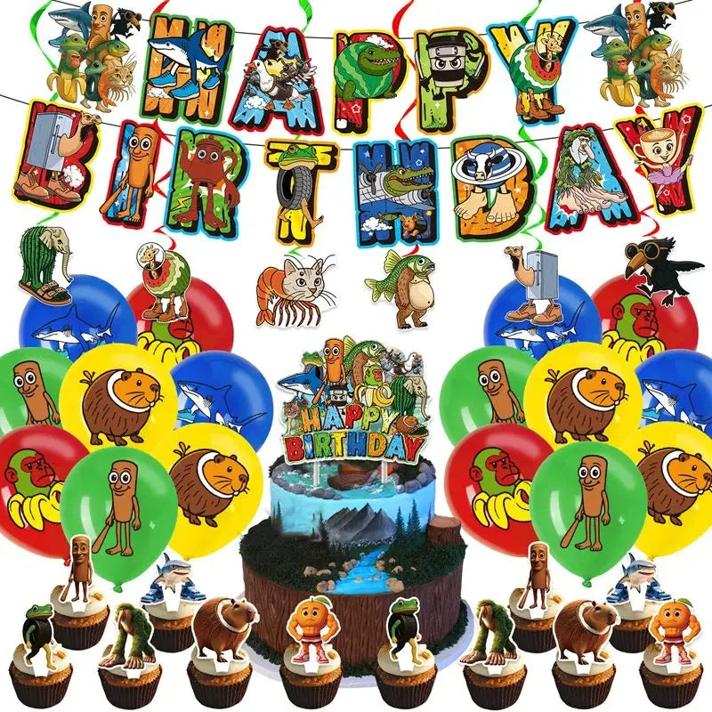Tung Tung Sahur Birthday Party Decoration Tralalelo Tralala Banner Balloon Italian Brainrot Backdrop for Kids Baby Shower Supply