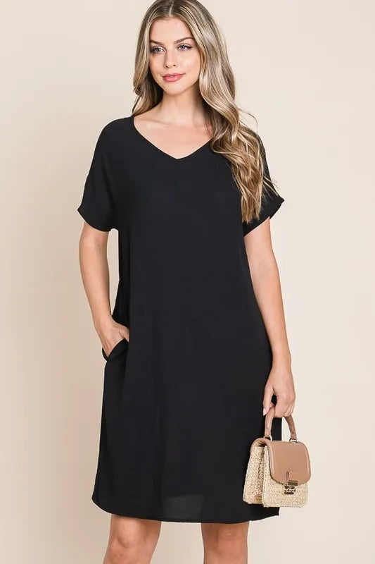 BOMBOM V-Neck Short Sleeve Dress with Pockets